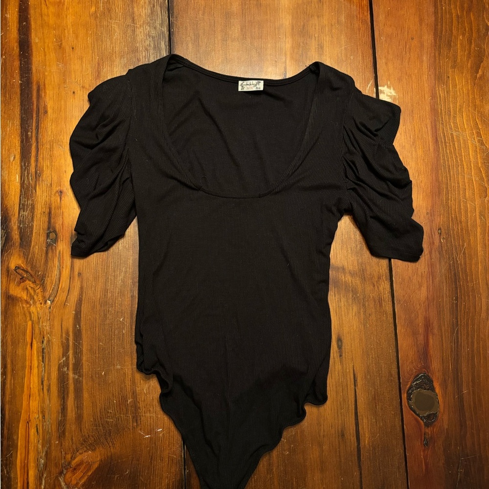 FP Movement by Free People Black Ruched Sleeve Bodysuit